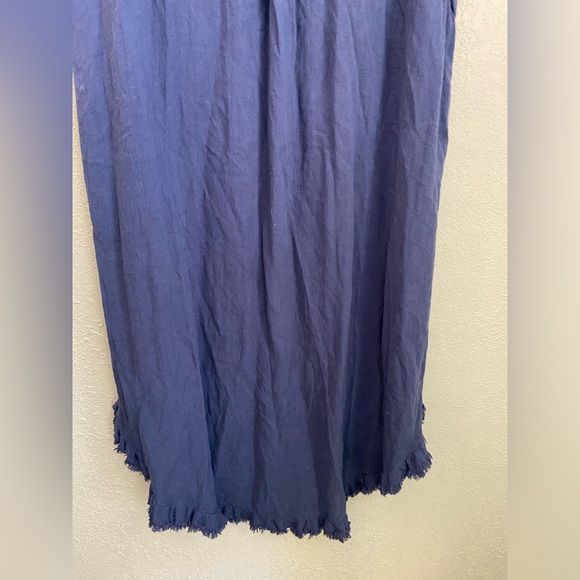 NWOT, Umgee Linen Blend Round Neck Navy Dress w Pockets Fringed Assymetrical Hem - Picture 8 of 13